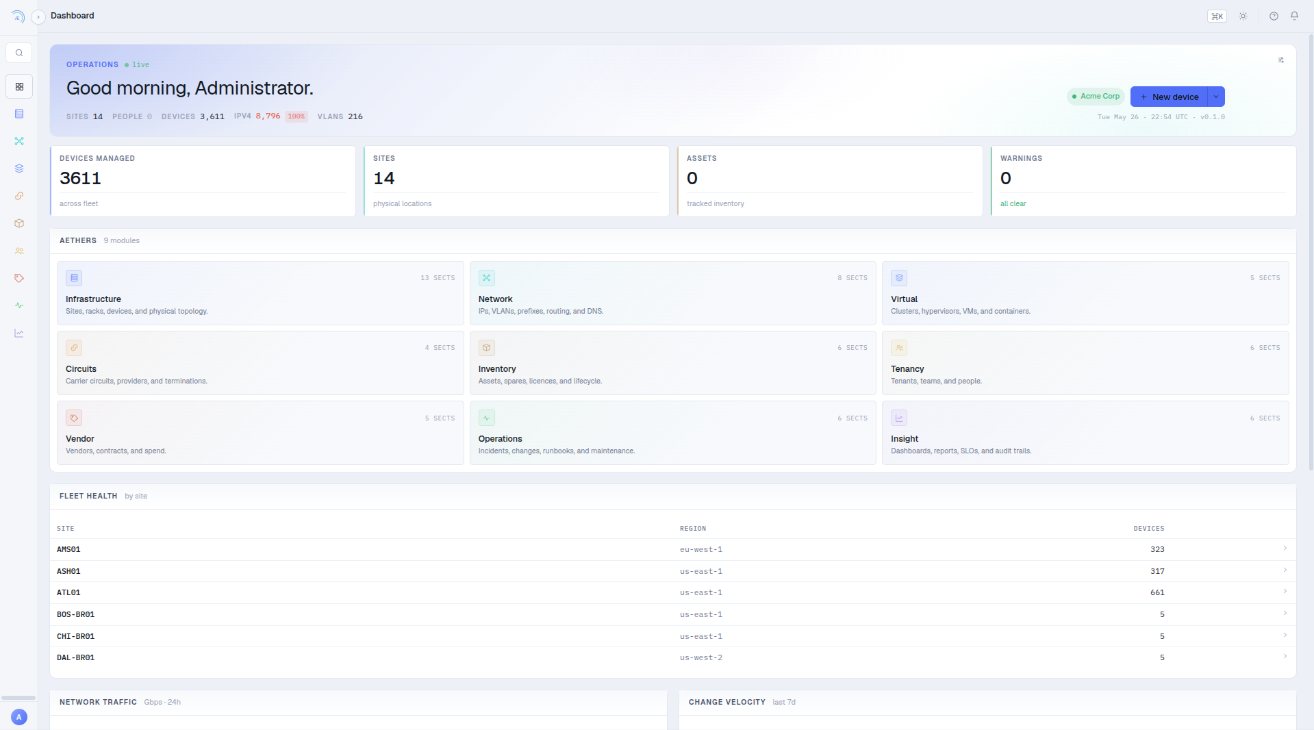 Aetheria infrastructure dashboard with racks, devices, and capacity at a glance